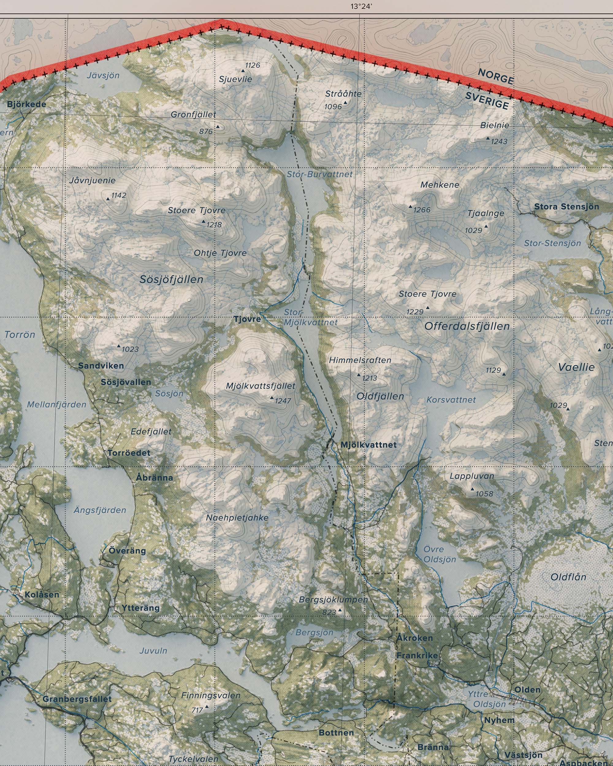 Topografisk översiktskarta över Jämtlandsfjällen, detalj
