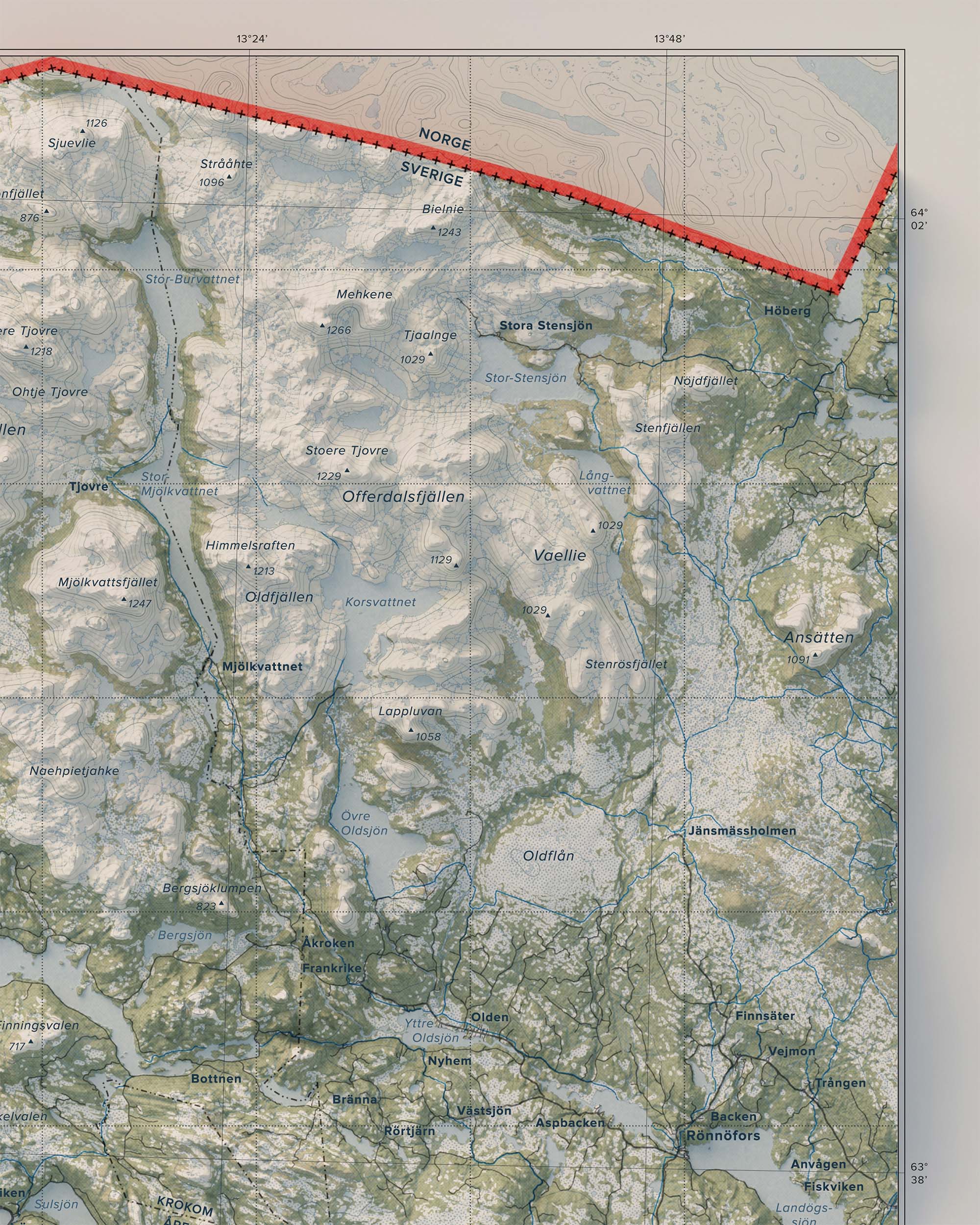 Topografisk översiktskarta över Jämtlandsfjällen, detalj