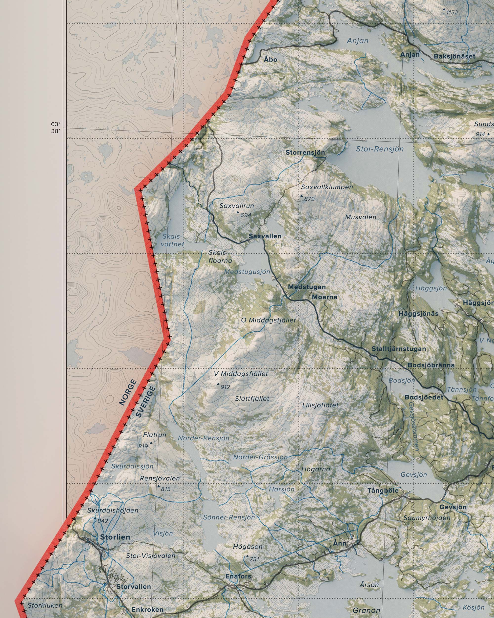 Topografisk översiktskarta över Jämtlandsfjällen, detalj