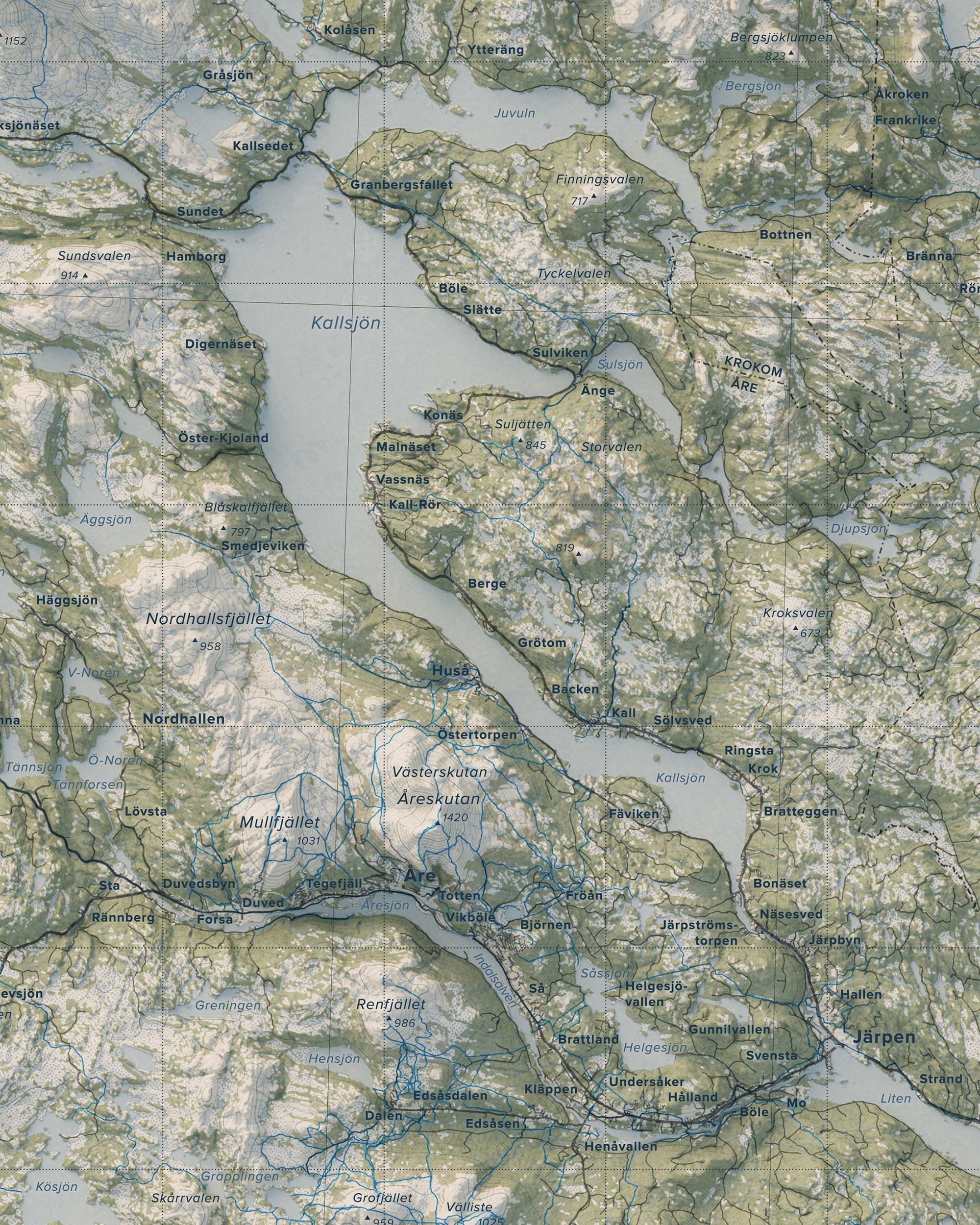 Topografisk översiktskarta över Jämtlandsfjällen, detalj