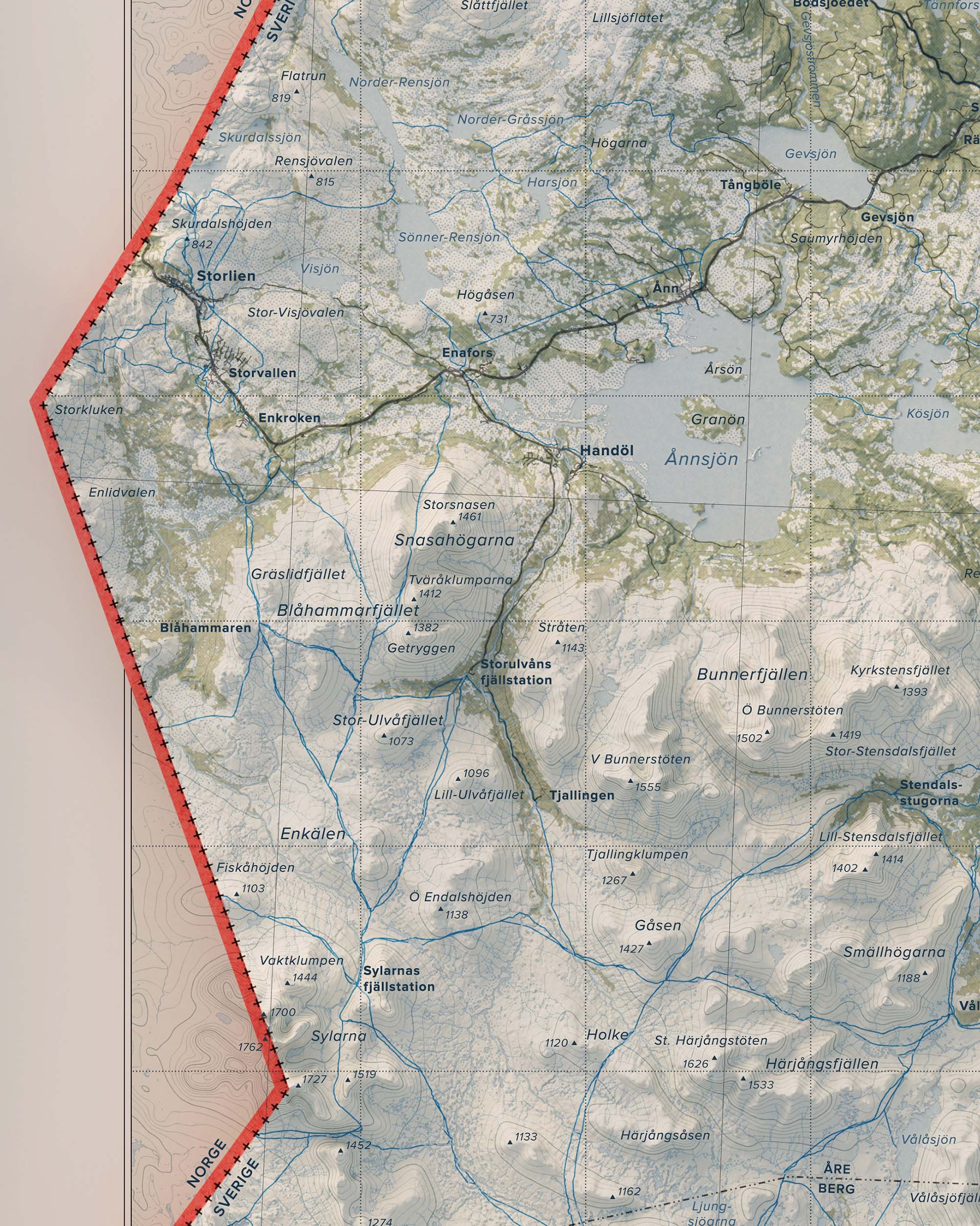 Topografisk översiktskarta över Jämtlandsfjällen, detalj