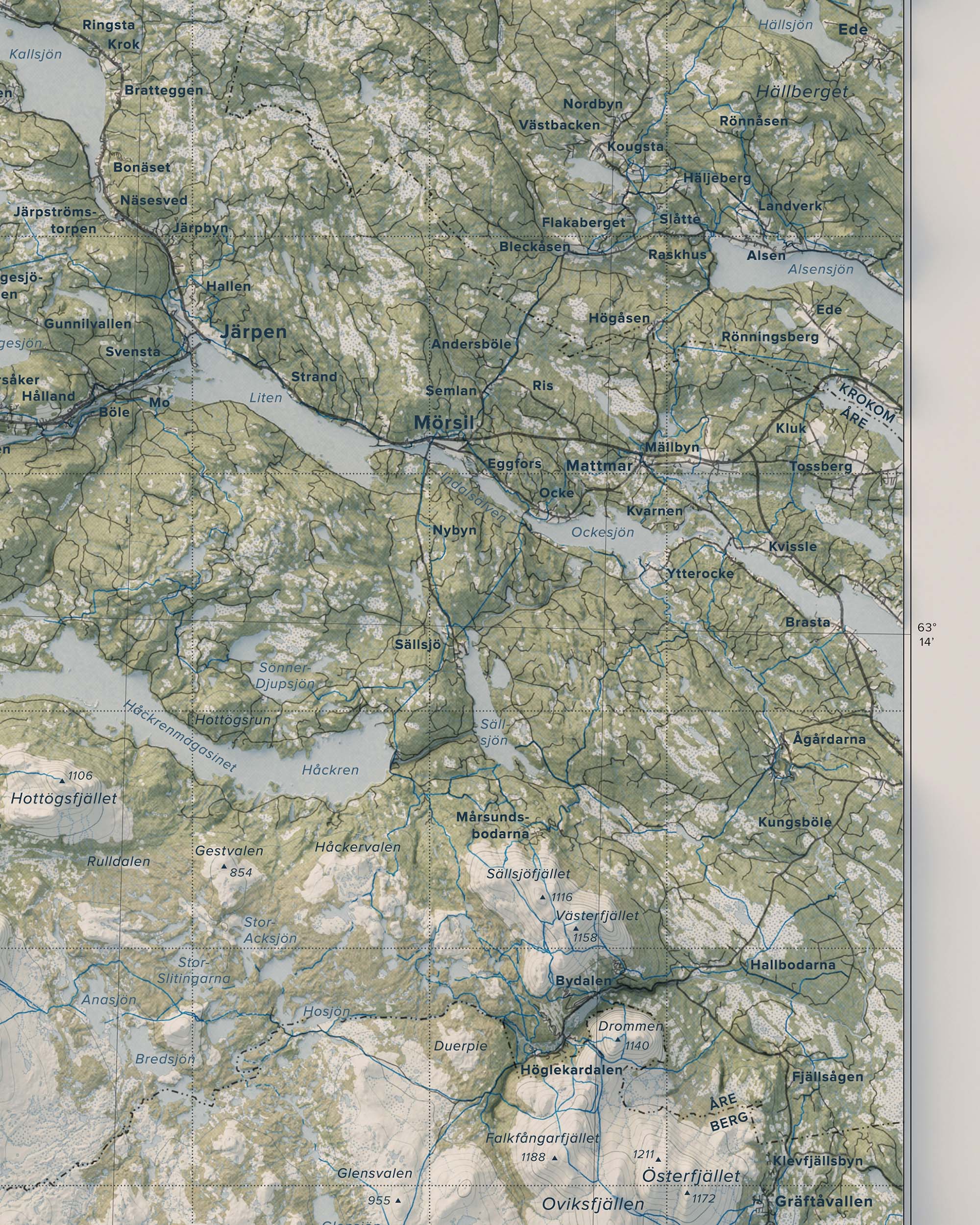Topografisk översiktskarta över Jämtlandsfjällen, detalj