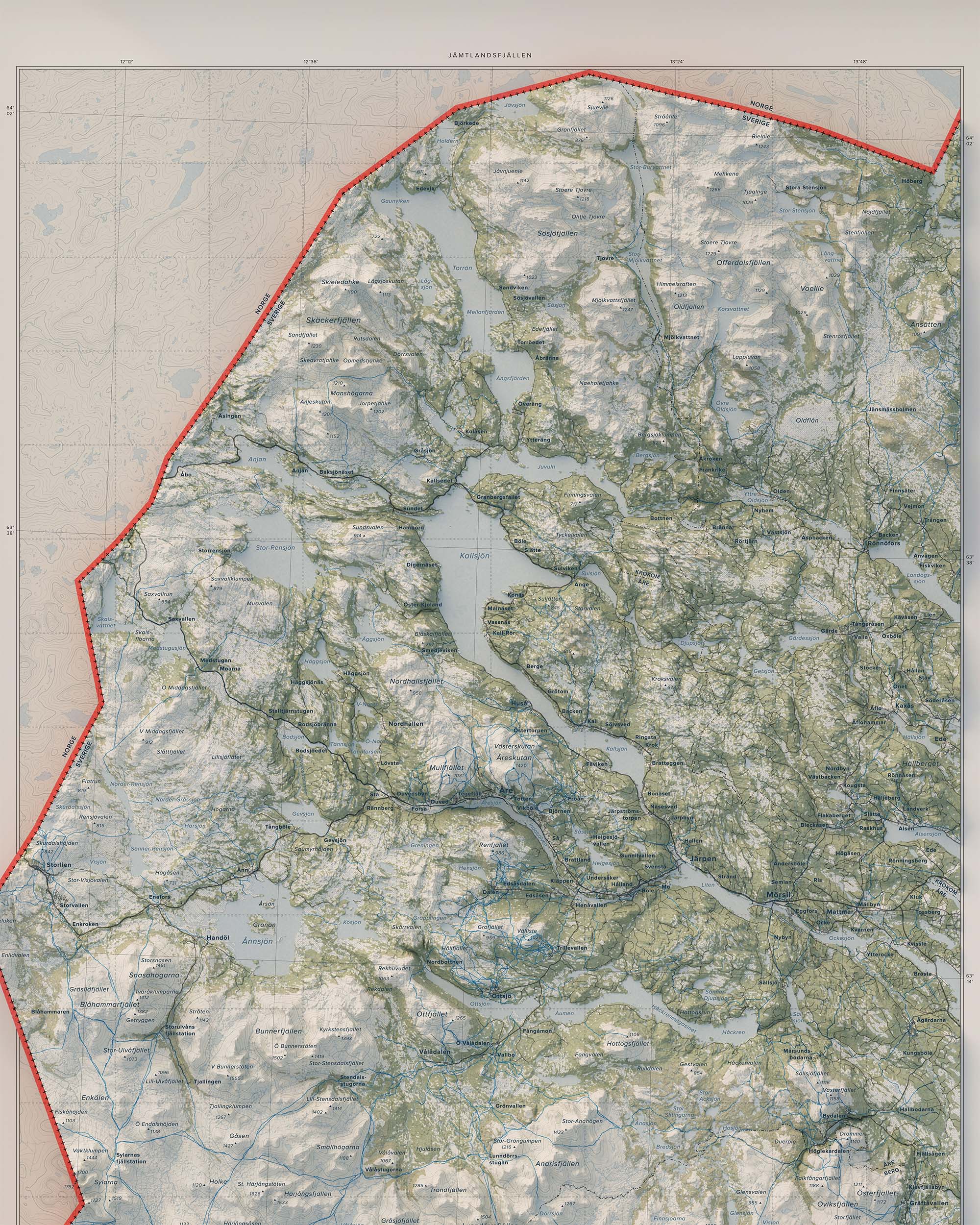 Topografisk översiktskarta över Jämtlandsfjällen, detalj