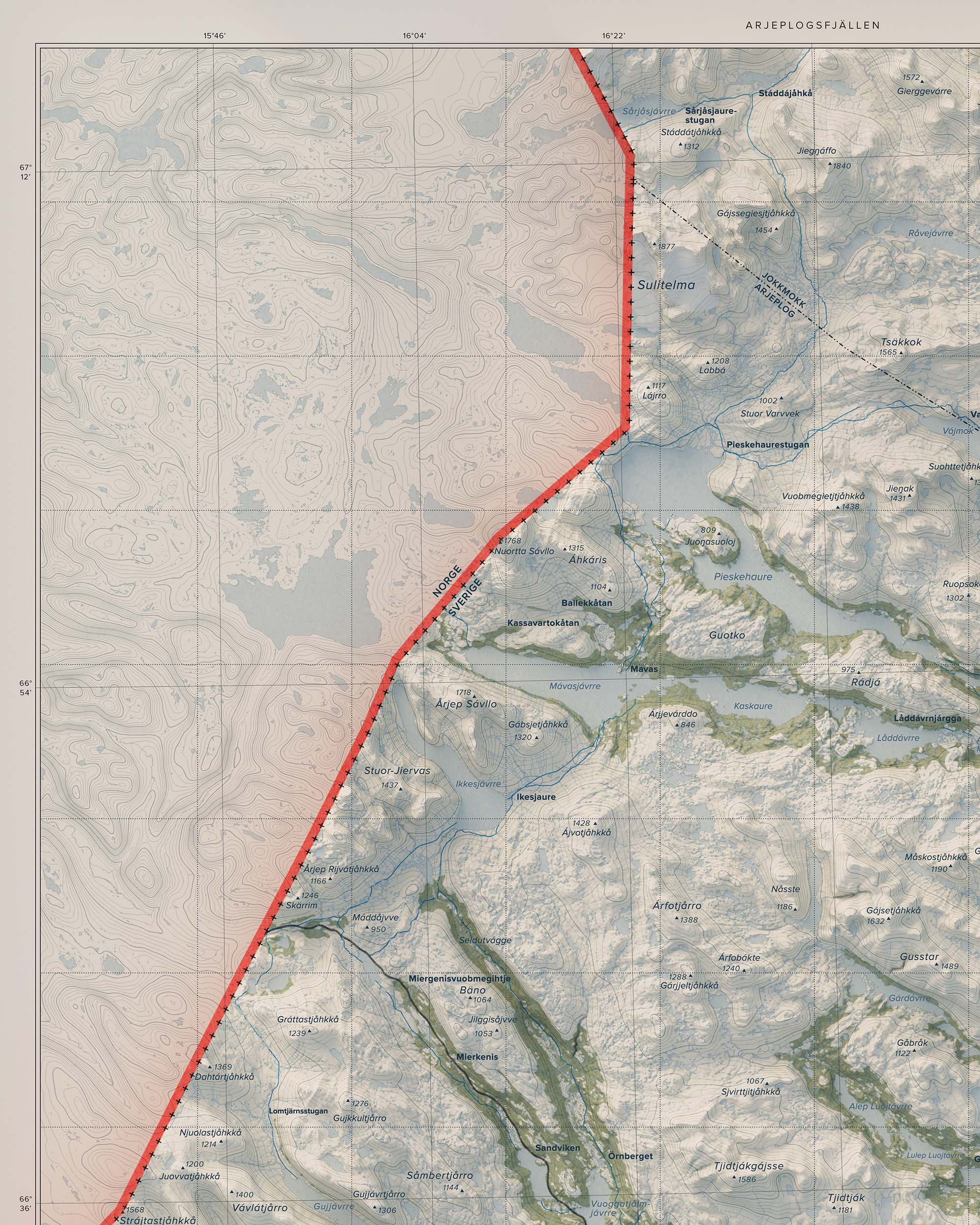 Topografisk karta över Arjeplogsfjällen, detalj