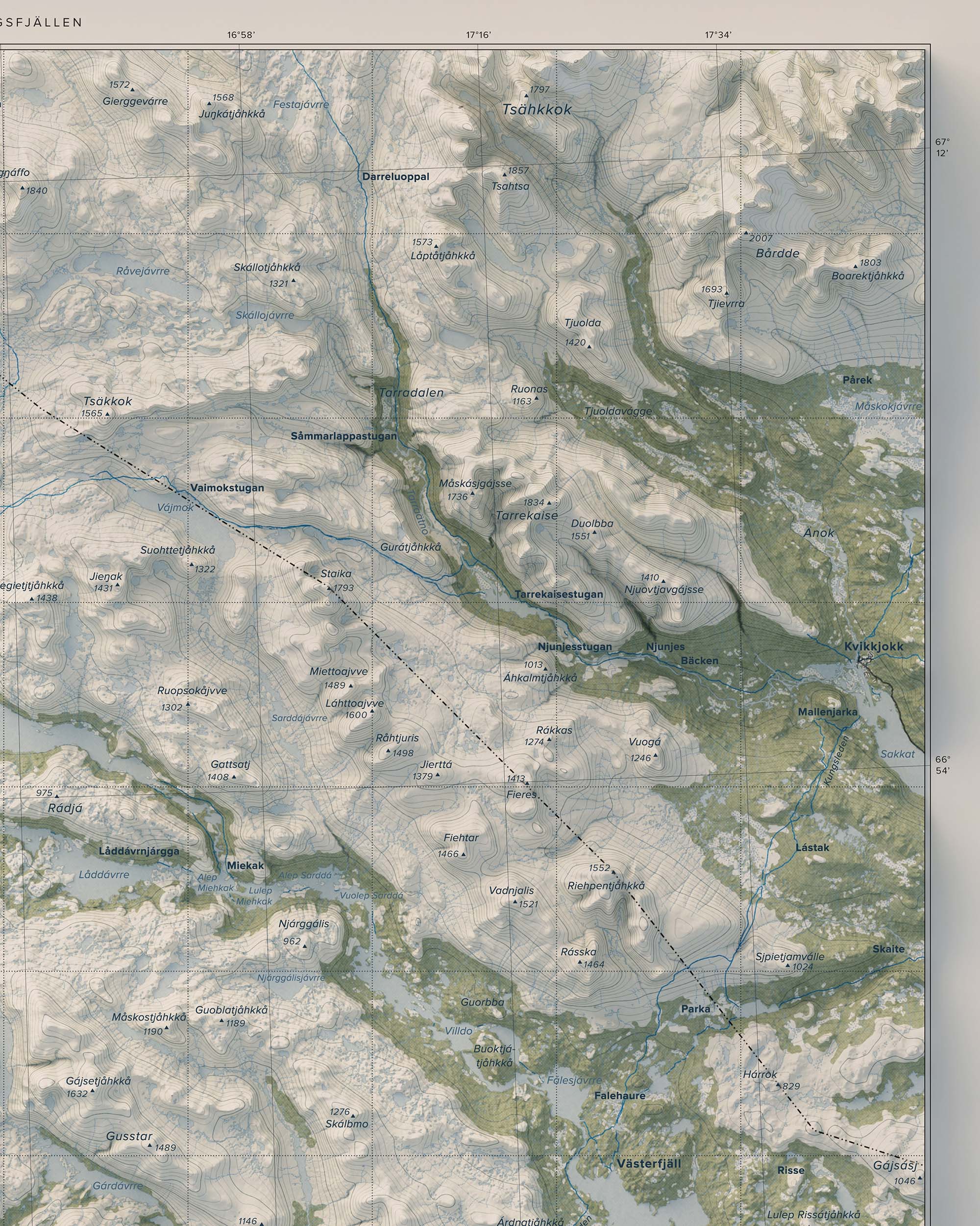 Topografisk karta över Arjeplogsfjällen, detalj