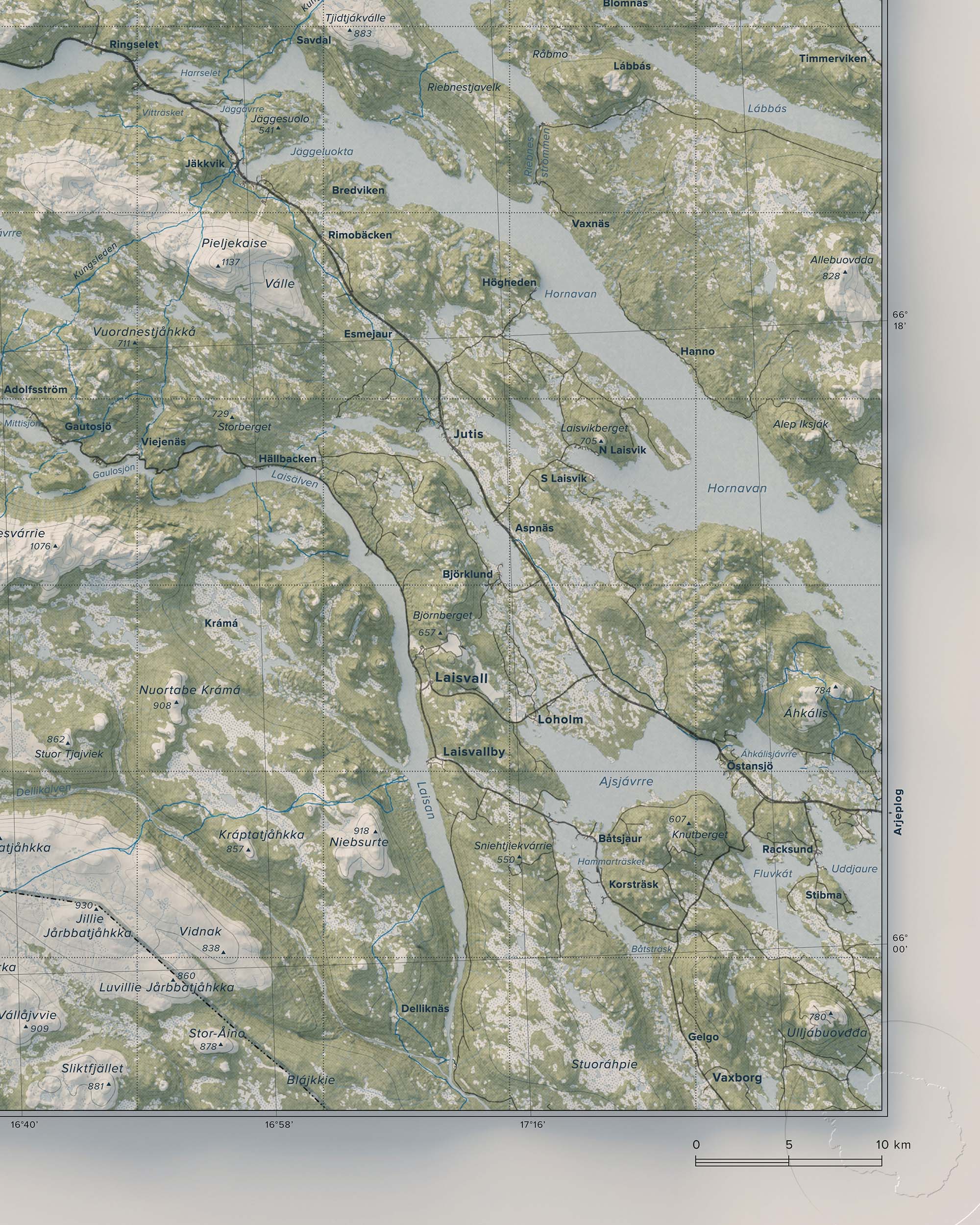 Topografisk karta över Arjeplogsfjällen, detalj