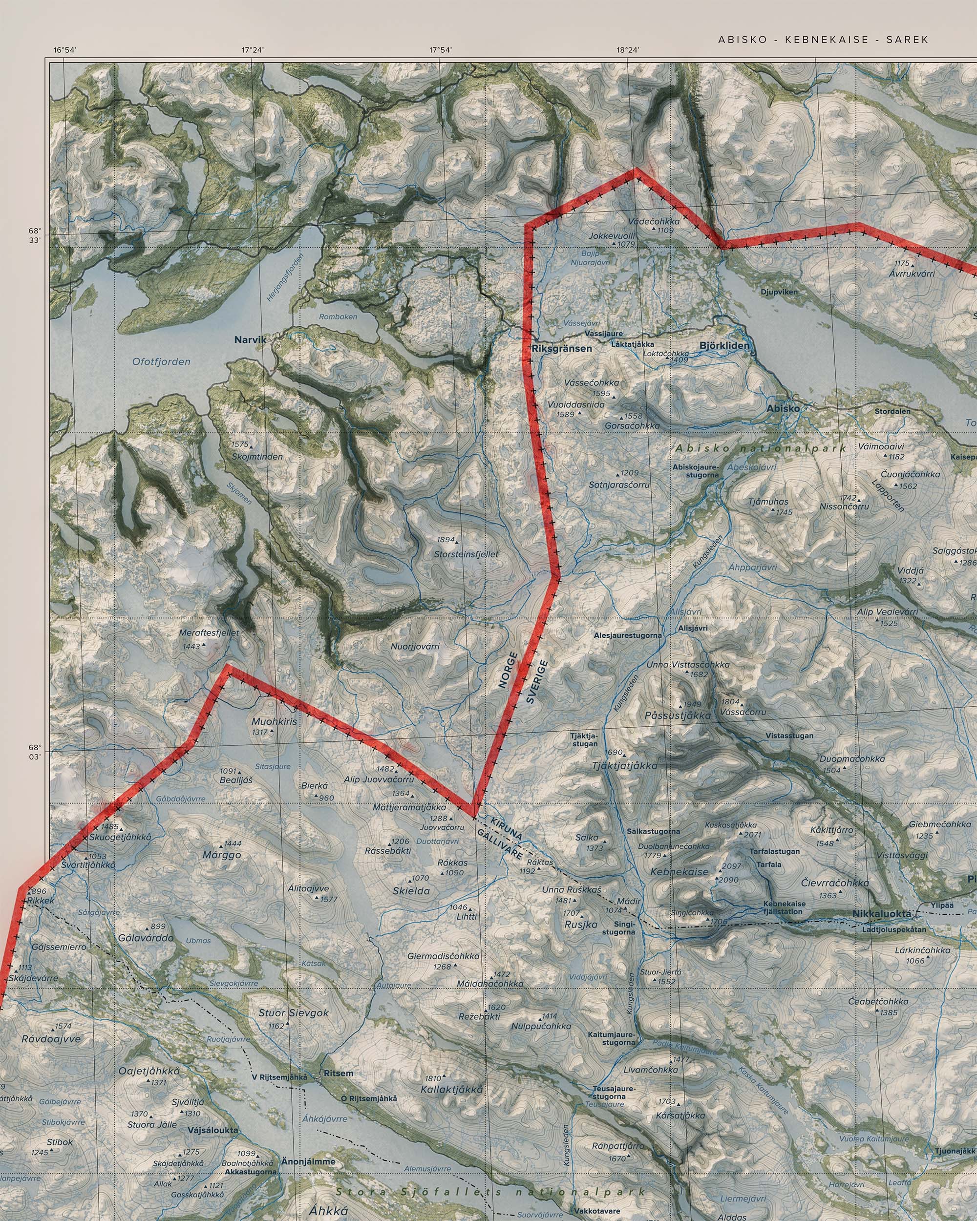 Topografisk karta över Abisko - Kebnekaise - Sarek, detalj