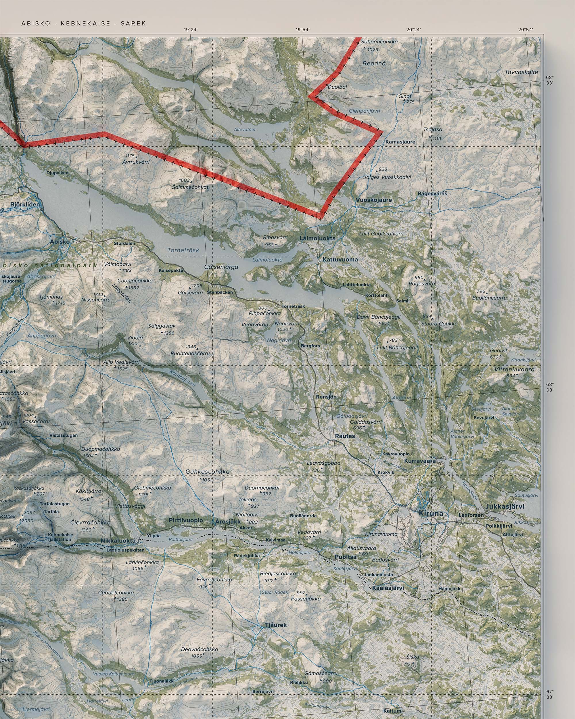 Topografisk karta över Abisko - Kebnekaise - Sarek, detalj