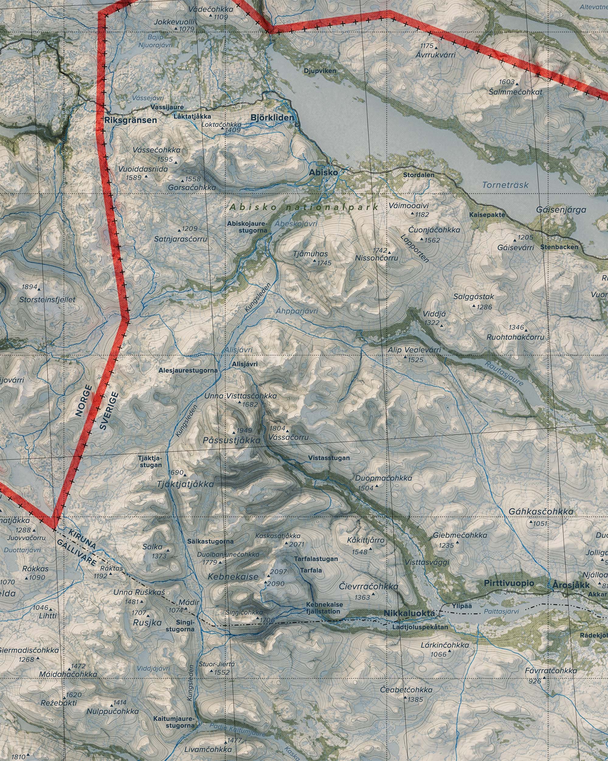 Topografisk karta över Abisko - Kebnekaise - Sarek, detalj