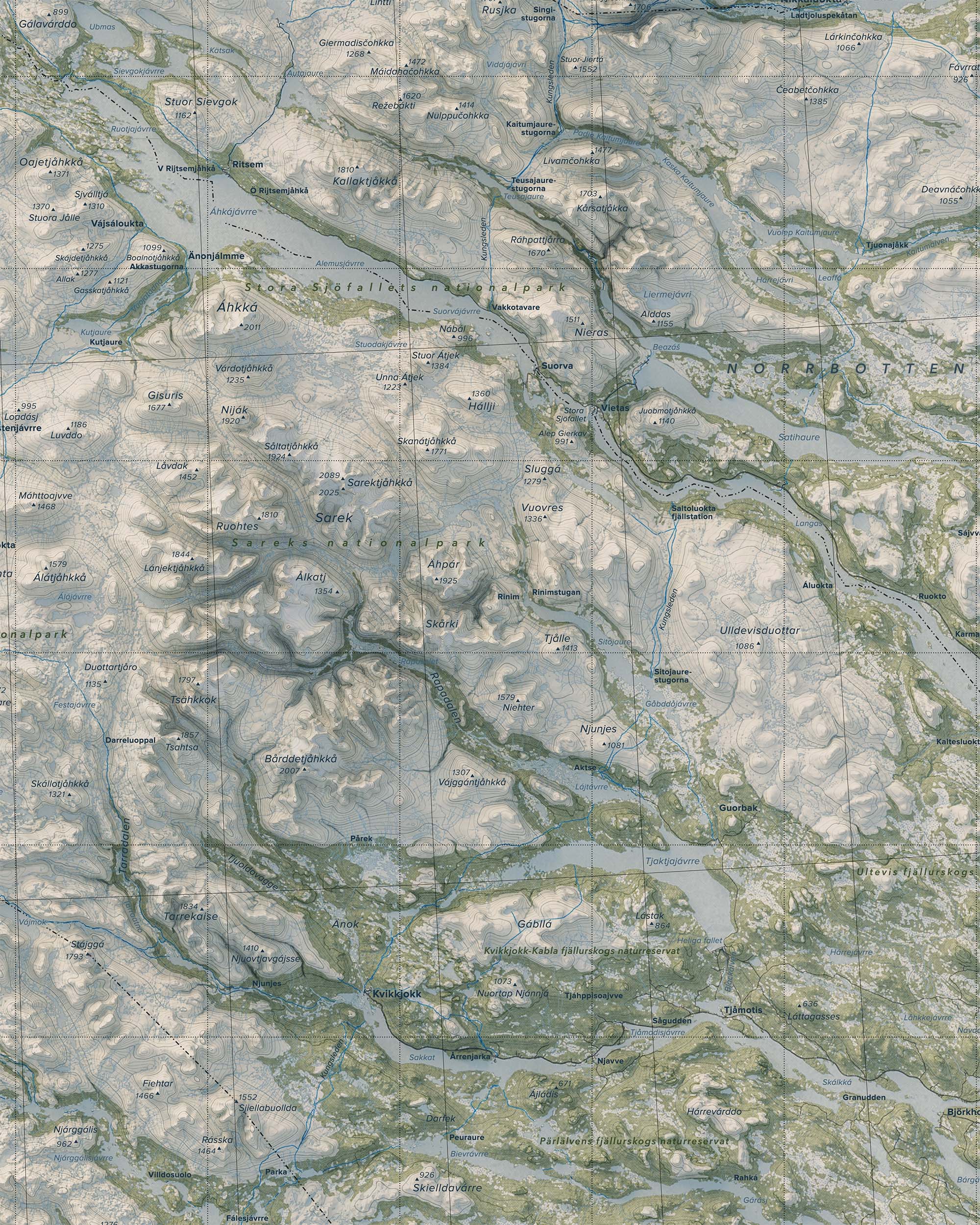 Topografisk karta över Abisko - Kebnekaise - Sarek, detalj