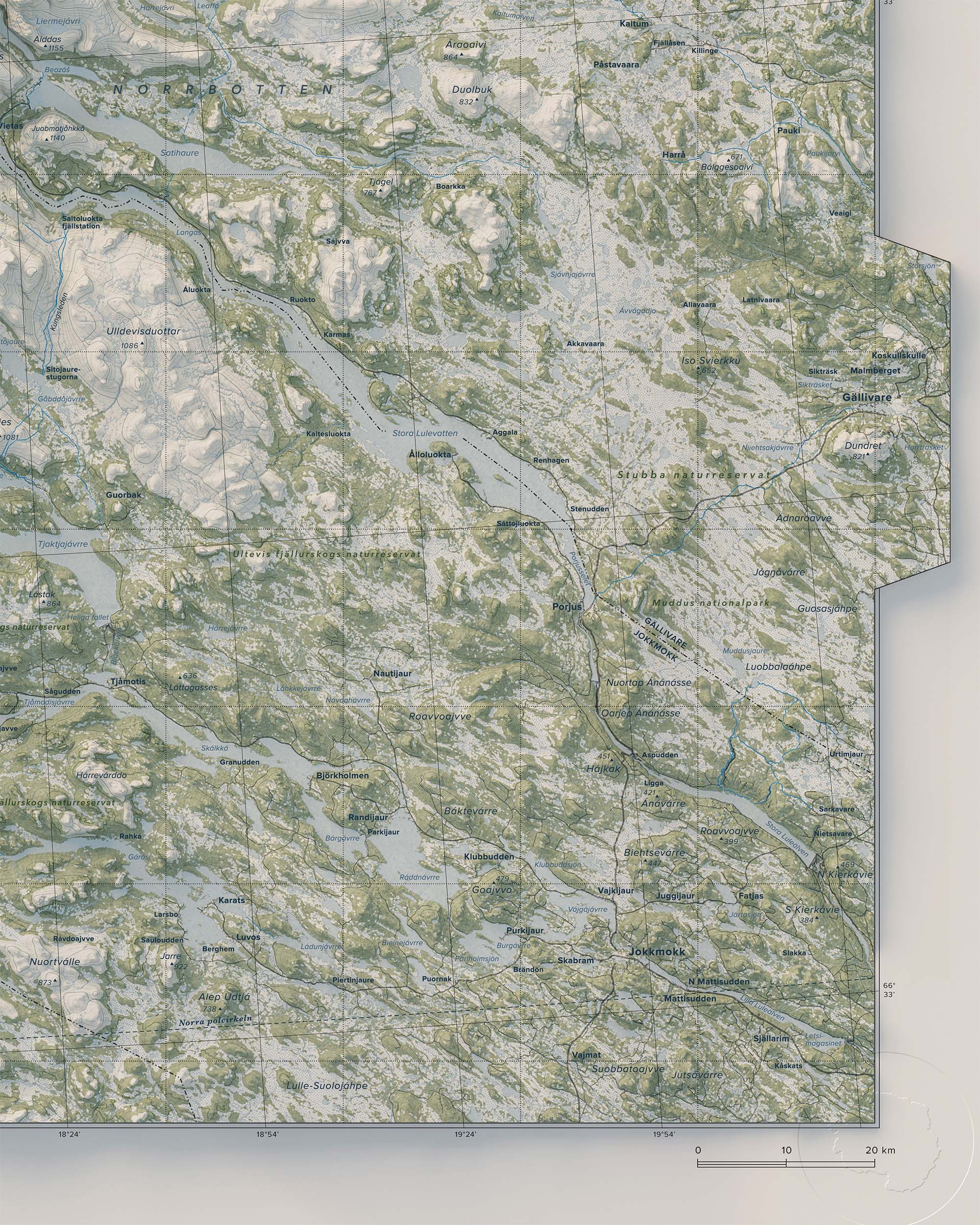 Topografisk karta över Abisko - Kebnekaise - Sarek, detalj