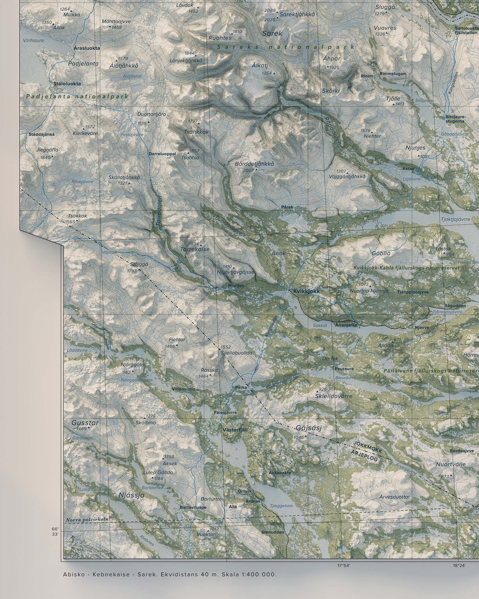 Topografisk karta över Abisko - Kebnekaise - Sarek, detalj